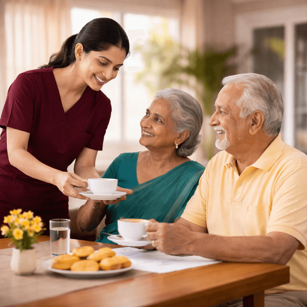 Caregiver gently tucking in a senior patient at night